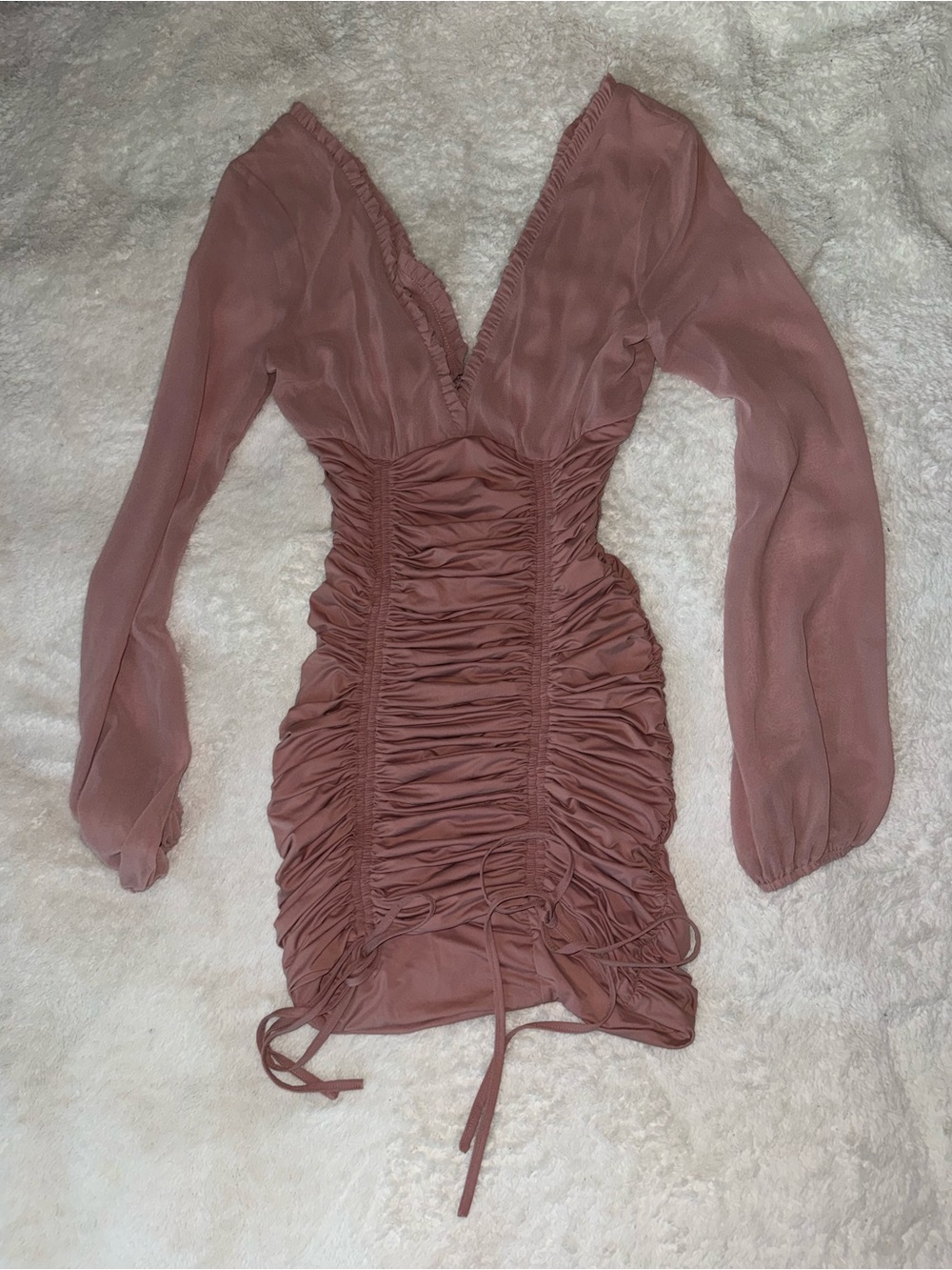 Long-Sleeve Ruched V-Neck Mini Dress in Dusty Rose — Tiger Mist